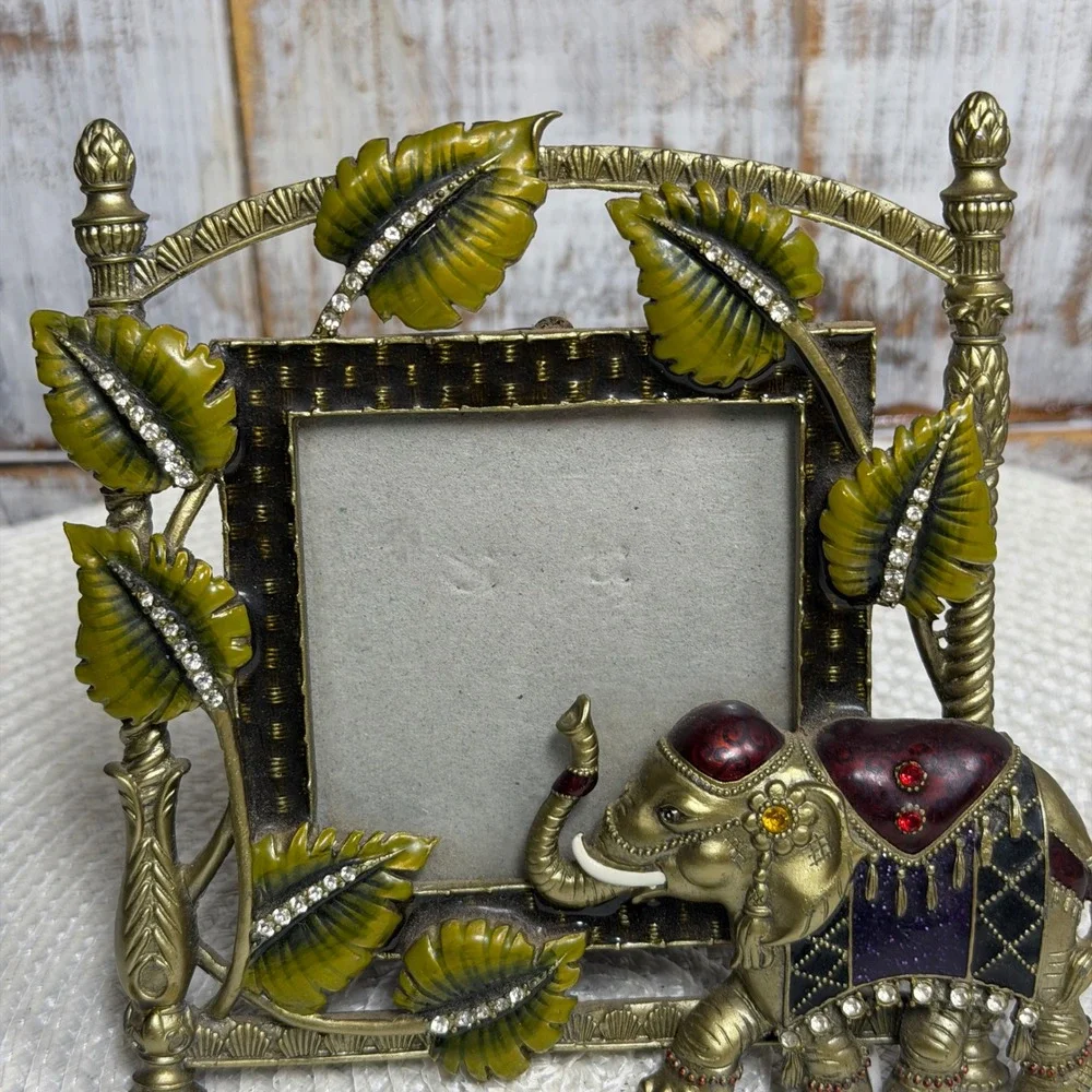 Ornate Gold Tone Elephant Enamel Rhinestone 3x3 Picture Frame Tropical Leaf Boho